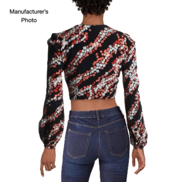 Zoie Floral Sheer Knot-Front Black Crop Top Size 0 - Picture 2 of 12